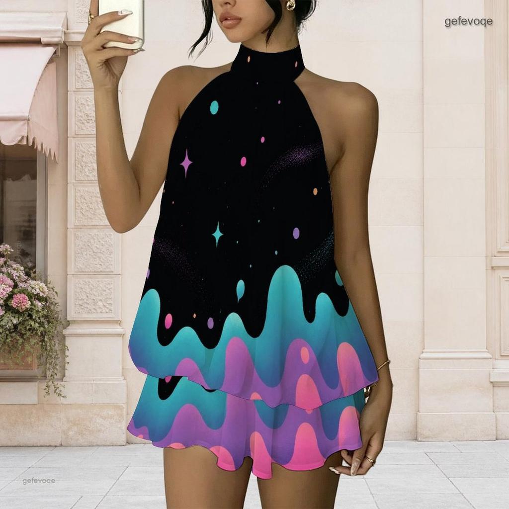 Women Plus Size Halter Neck Sleeveless Printed Layered Faux Two Piece Mini Dress