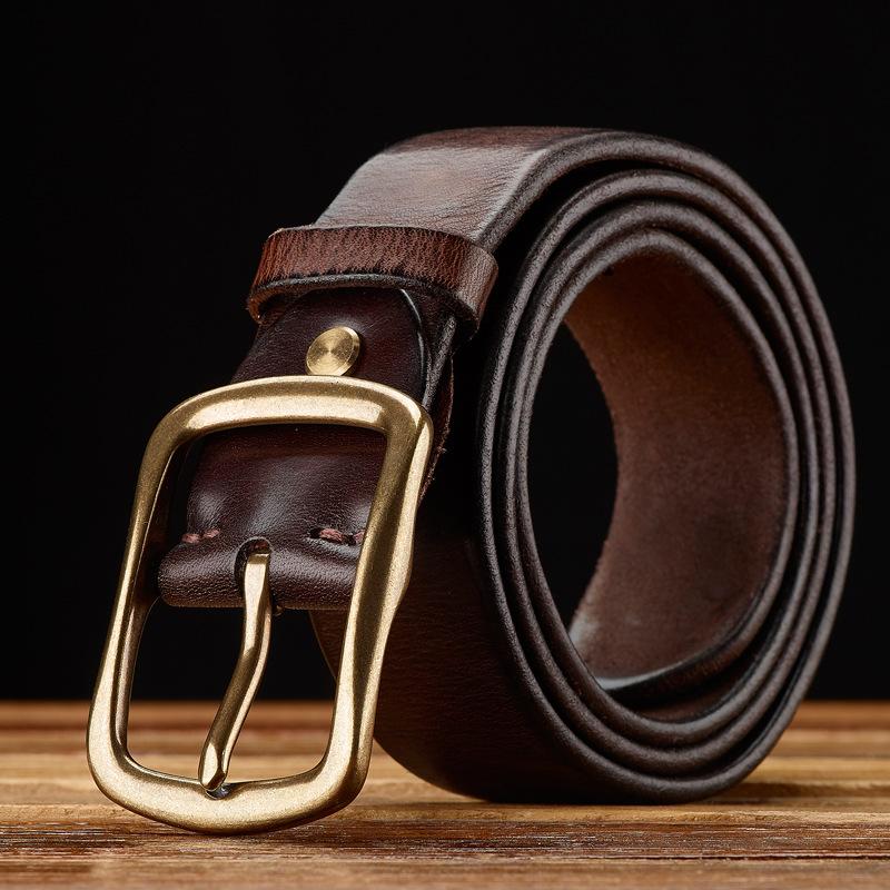 Retro Genuine Leather First Layer Cowhide Men'S Belt Pure Copper Buckle Pin Buckle Handmade Old Middle-Aged And Young Versatile Belt