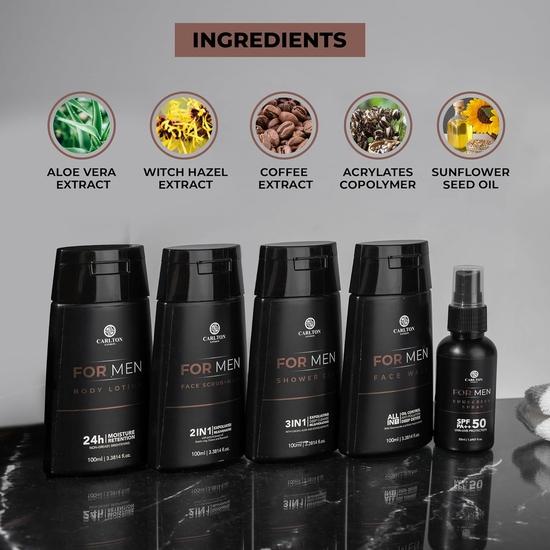 Carlton London Men Gift Set 5 - Facewash Reduce Dullness, Body Lotion Long Lasting Moisture, Showergel Super Hydrating, Sunscreen Spray UAV Protection
