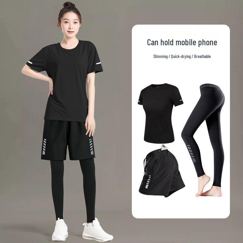 Dámská rychleschnoucí sada pro cyklistiku a běh ve větší velikosti z ledového hedvábí s topem s krátkým rukávem a legínami