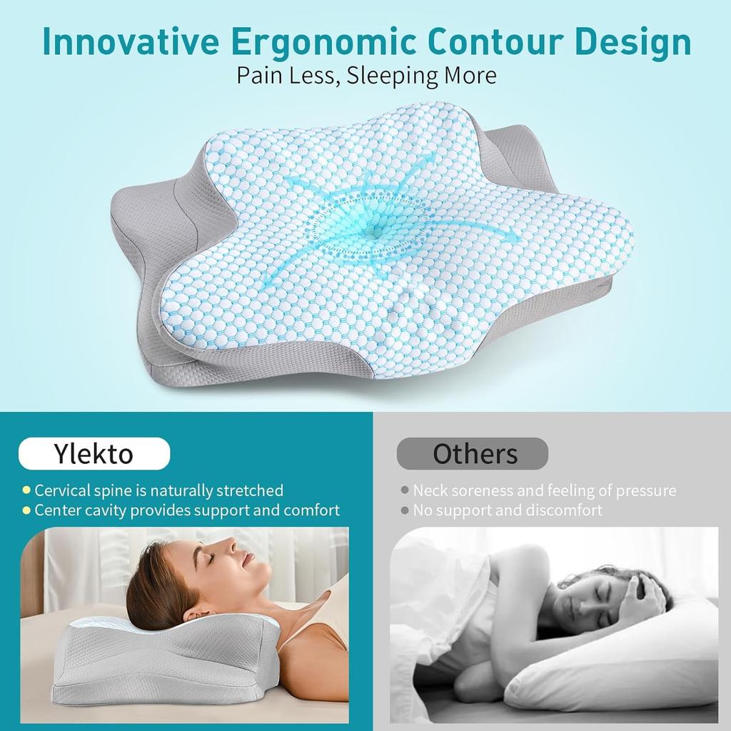 Cervical Pillow for Neck Pain Relief - Ergonomic Pillow for Sleeping Side Sleeper Pillow for Adults, Contour Neck Pillow Cooling Memory Foam Pillows,