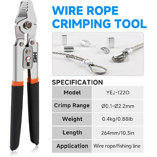 HKS Wire Rope Crimping Tool for Loop Sleeves, Aluminum Double Tube Ferrule Crimper for Fishing Line up to 2.2 mm with Cutting Function