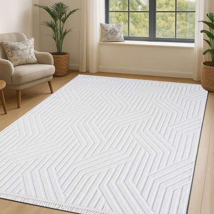 Modern White Geometric Relief Rug 120x180