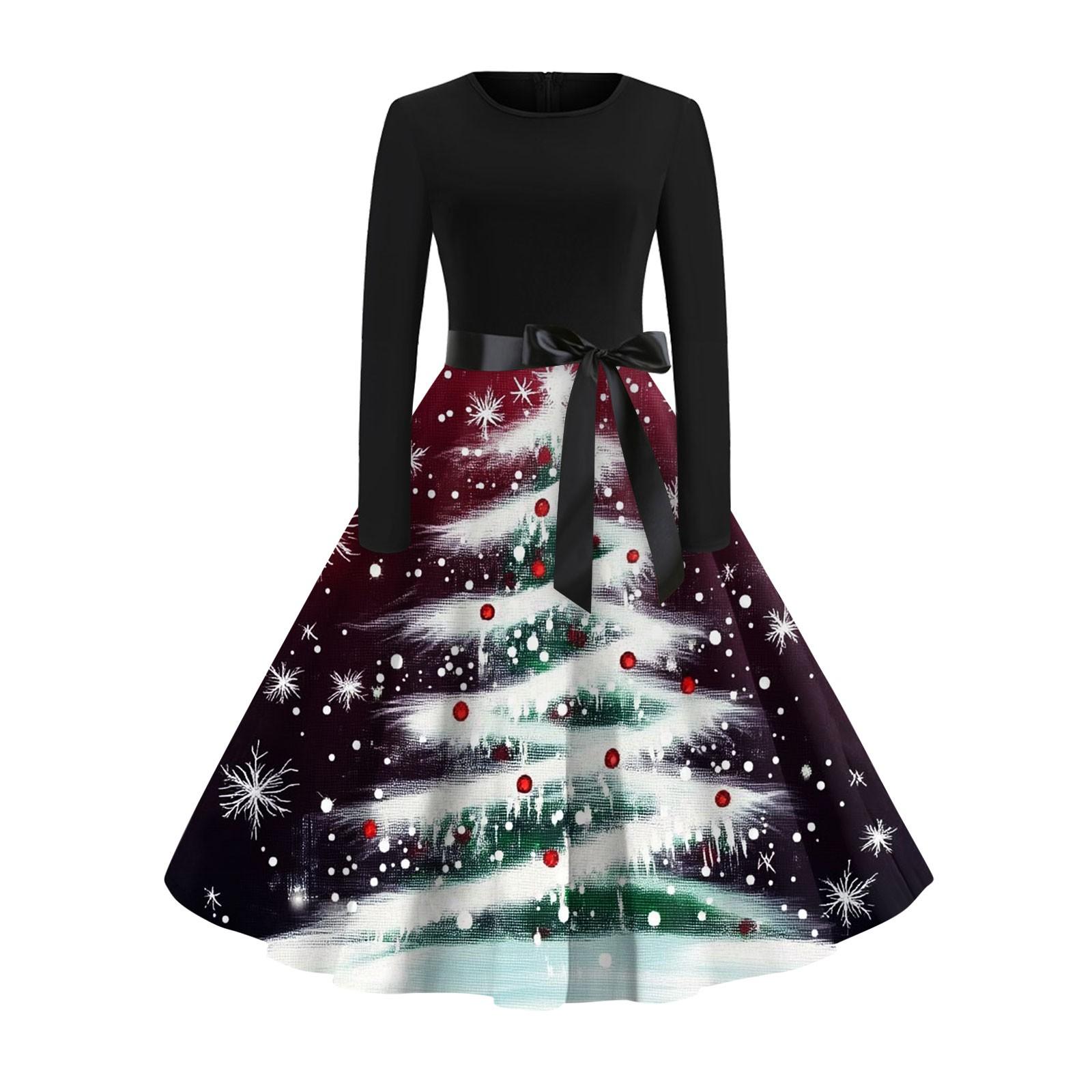 Рождественский принт расклешенное платье для женщин платье с длинным рукавом полые — фото 8