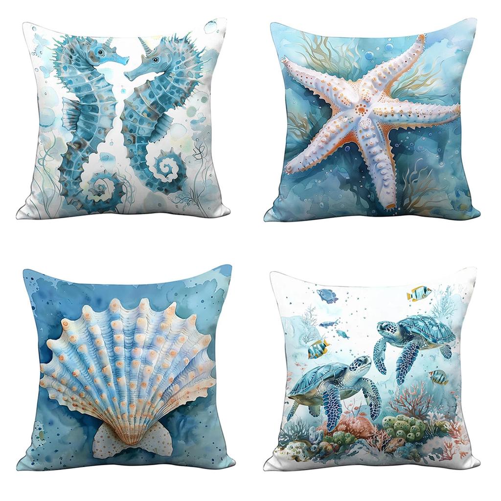 Chic Blue Summer Ocean Series Throw Pillow Covers Marine Life Shell Seahorse Turtle Print Square Cushion Case Living Room Decor