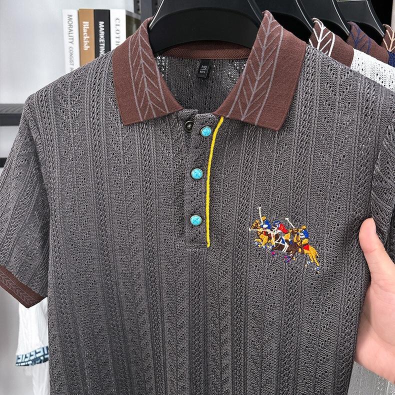 New Short-sleeved T-shirt Men's Autumn Knitted Sweater Embroidered Pattern Matching Jacquard Top