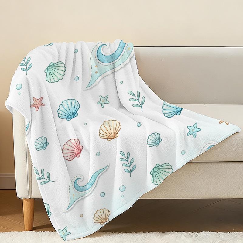 All-Season Ocean Flannel Blanket - Single Size, Thick Soft Warm Throw with Shell & Starfish, Ideal for Home Decor, Guest Room.