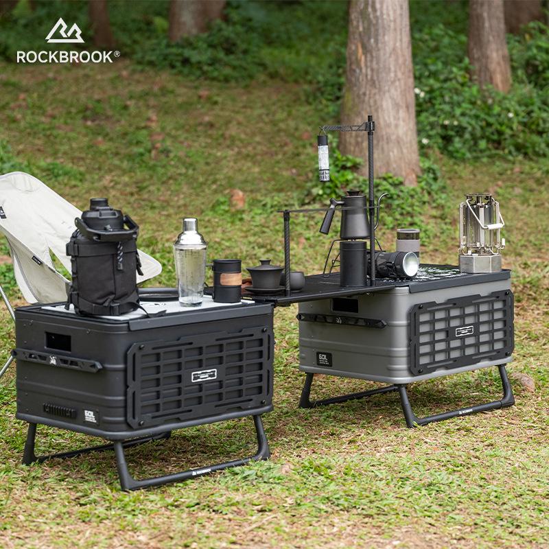 Caixa de Armazenamento e Mesa Multifuncional para Camping em Liga de Alumínio com Tecido de Veado
