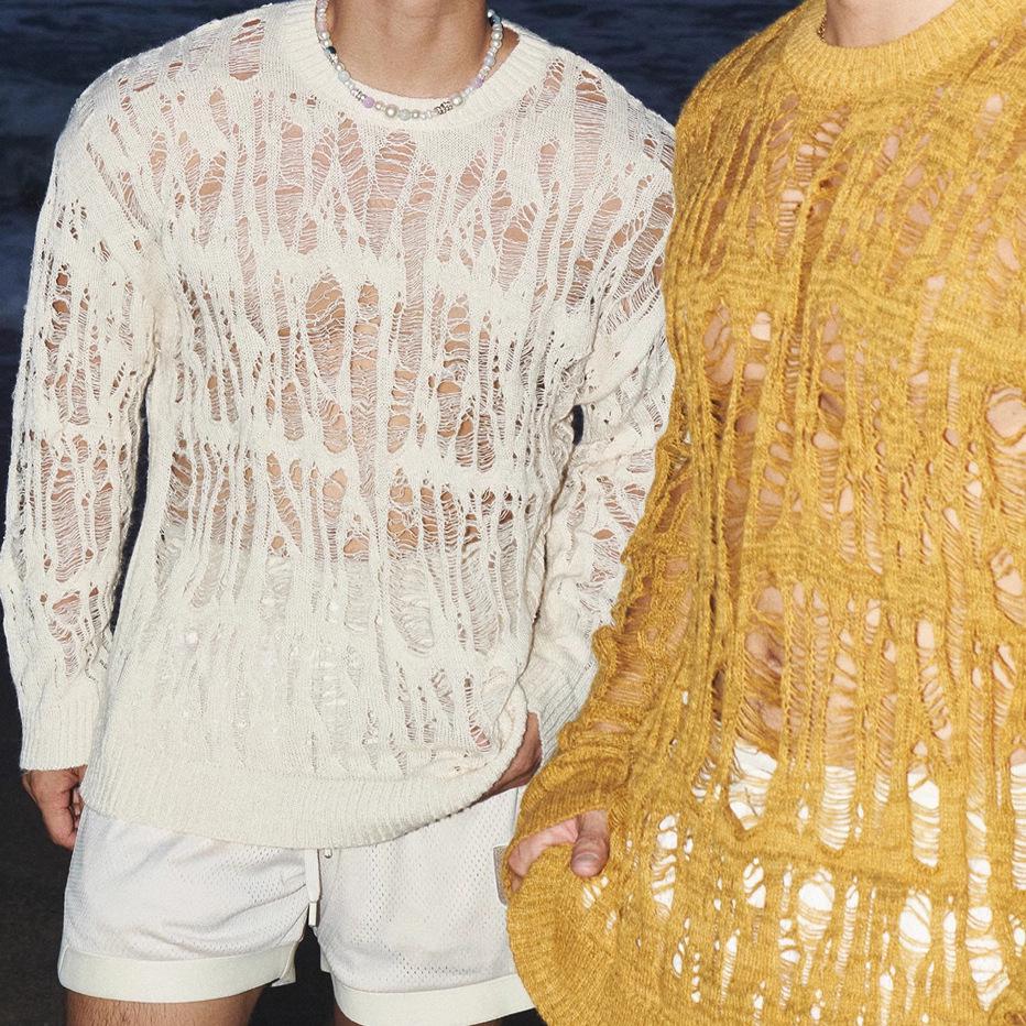 Men's Wabi-Sabi Hollow Knit Tassel Cardigan - Sexy See-through, Loose Long Sleeve Mesh Hoodie