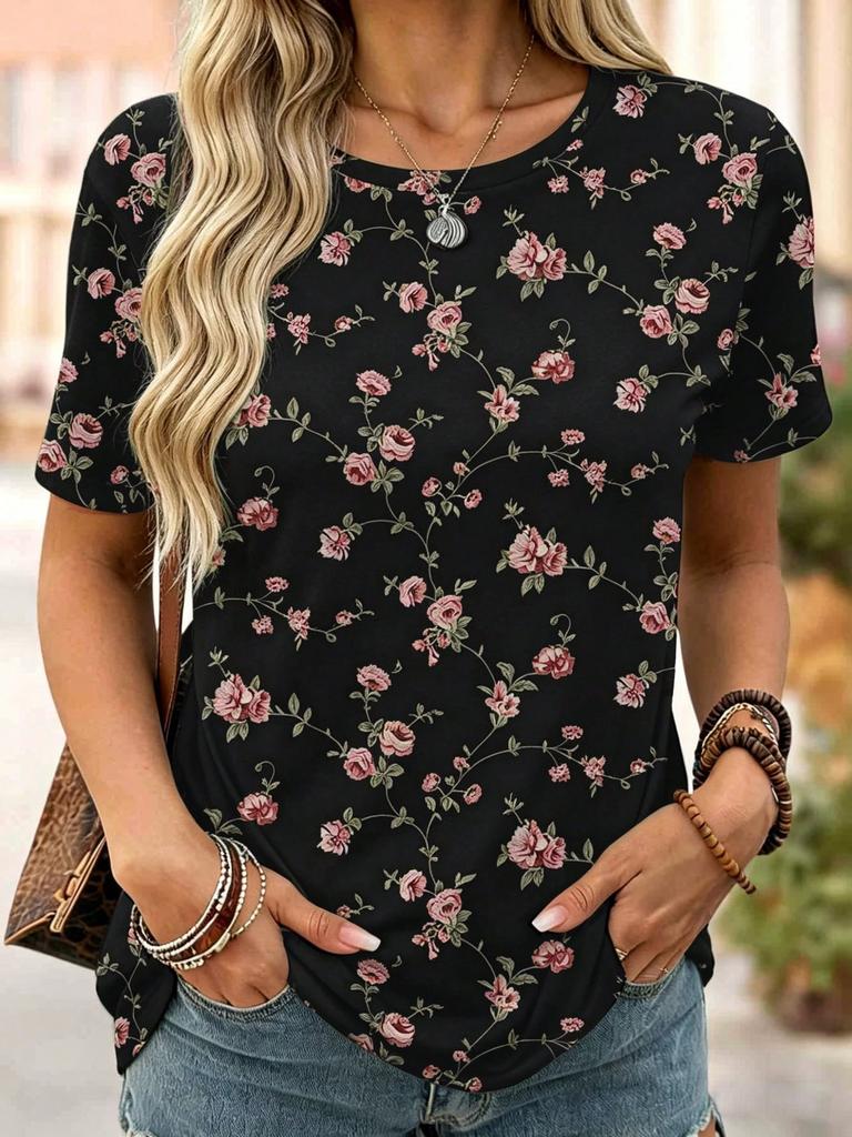 Women's Comfortable Floral Print Casual Round Neck Top, Suitable For Daily Wear
