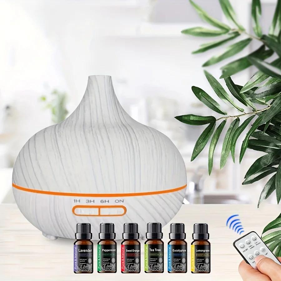 

Диффузор для дома 550 мл 7 цветов светодиодной подсветки Домашняя аромамашина с текстурой дерева Распылитель эфирного масла Ультразвуковой пульт дистанционного управления Очиститель воздуха