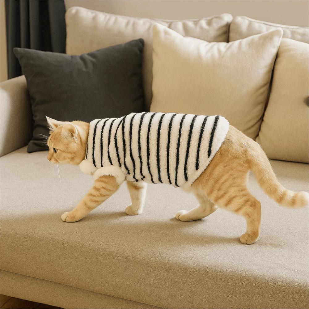 Süßer Warmer Winter Haustierpullover Verdickte Winddichte Katze Gestreifte Weste Fleece Weicher Ärmelloser Katzenmantel Innen