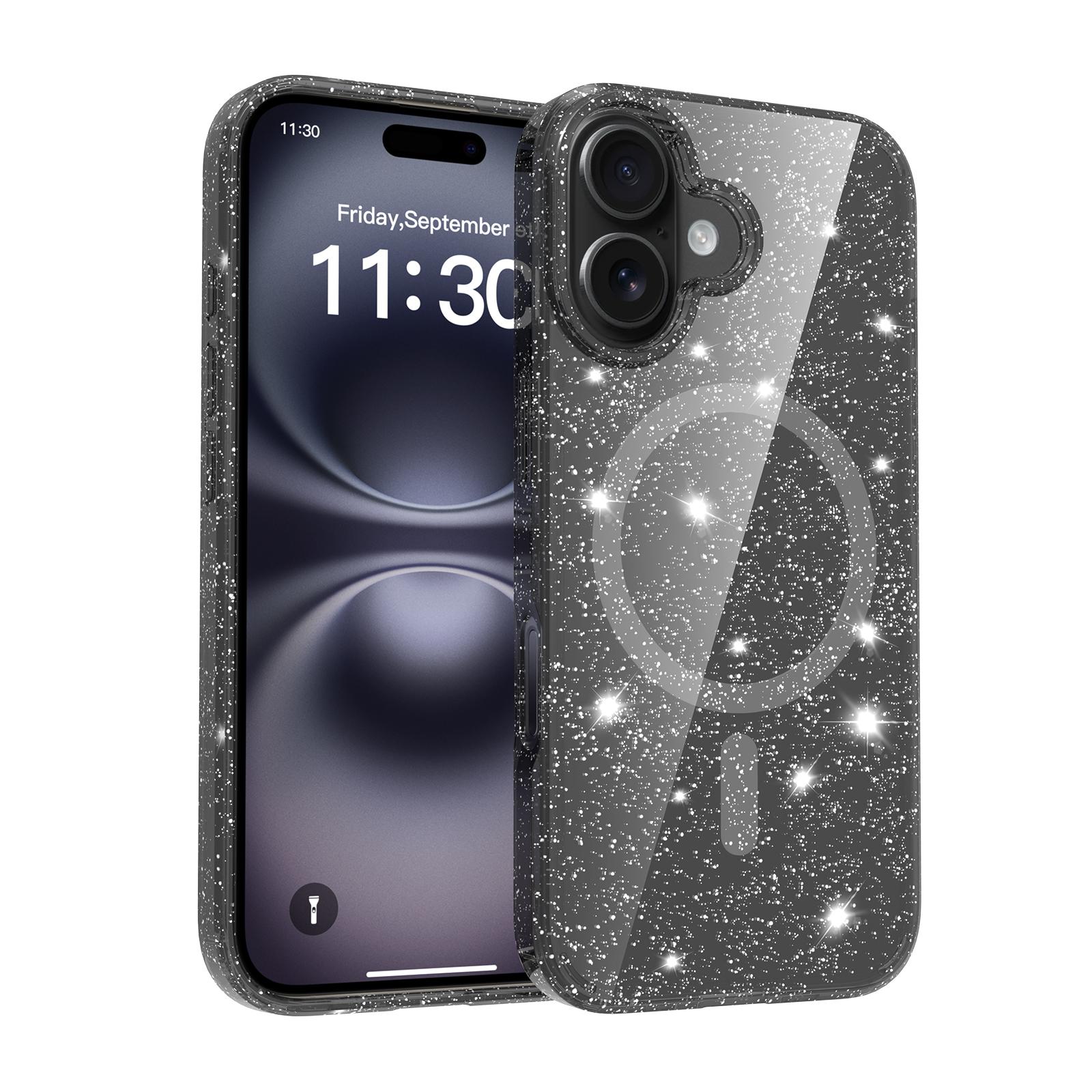 For iPhone 16 Magnetic Case Glitter Design TPU PC PET Drop Proof Phone Cover