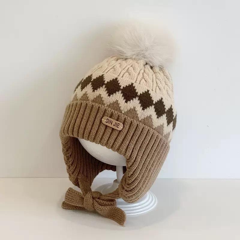 New Children's Rhombus Jacquard Knitted Ear Protection Hat for Boys and Girls' Babies Autumn and Winter Fleece Warm Hat