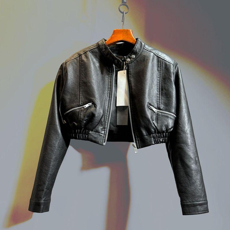 Chaqueta Corta Elegante de Cintura Alta para Mujer para Primavera y Otoño: Chaqueta de Cuero, Chaqueta Biker para Personas Menudas, Chaqueta de Cuero Sintético