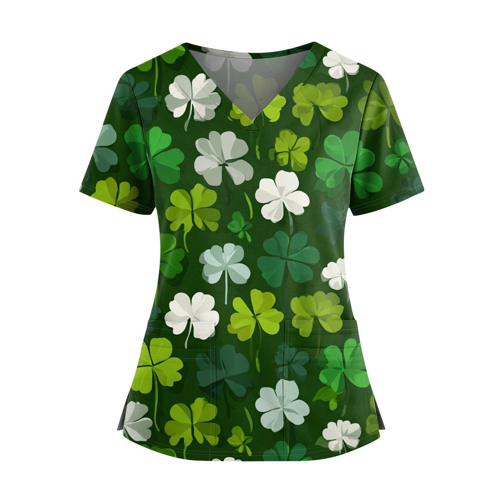 Frauen St. St. Patrick's Day Druck V-Ausschnitt Doppeltasche Kurzarm Uniform Oberteil mit geschlitztem Saum