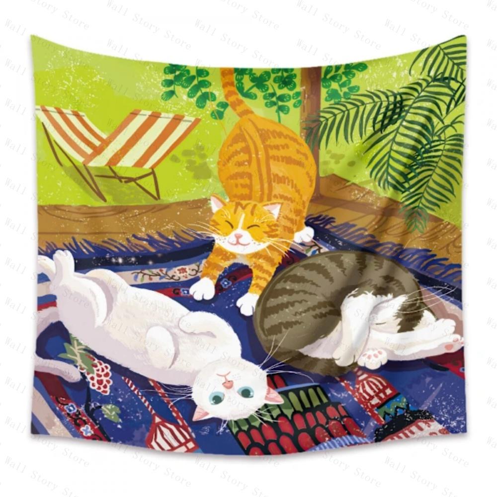 Kawaii Dog Cat Life Celebrate Tapestry Hand Drawn Puppy Heart Wall Art Boho Wall Blanket for Kids Room Tapestry Home Decoratio