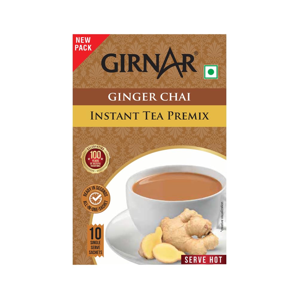 Girnar Instant Ginger Tea Premix – 10 Sachets | Vegan Powder Blend for Cozy, Aromatic, Refreshing Tea Anytime, Anywhere