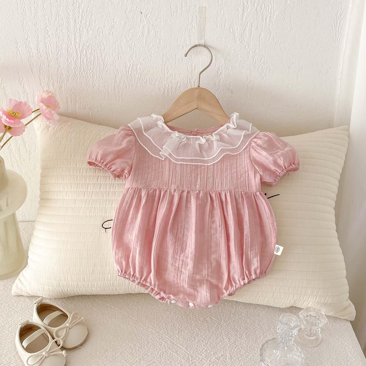 

Летний боди с кружевом и рукавами-буфами для девочек, с воротником Питер Пэн 90 cm розовый