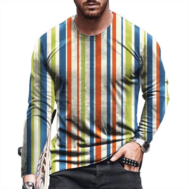 Spring and Autumn Round Neck 3D Stripe Printed Top Fashionable Casual Long Sleeved Men's T-shirts