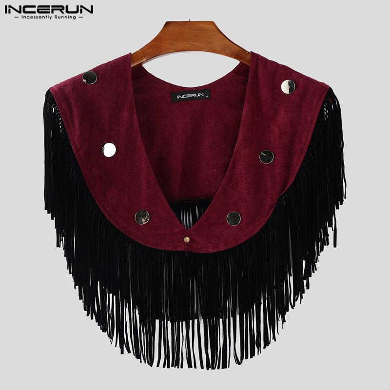 INCERUN Men Low Cut Neck Stitching Tassel Fashion Cropped Cloaks Tops
