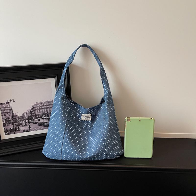 Women's Large Capacity Polka Dot Canvas Tote - Korean Style Commute and School Shoulder Bag