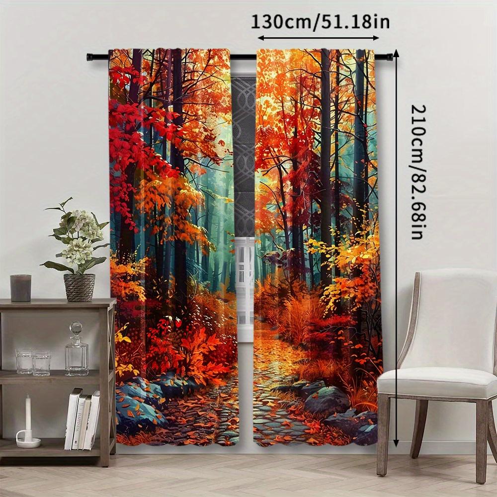 2pcs Vibrant Autumn Forest Curtains - Rod Pocket Window Treatment with Serene Lake & Foliage Design   Perfect for Bedroom   Office