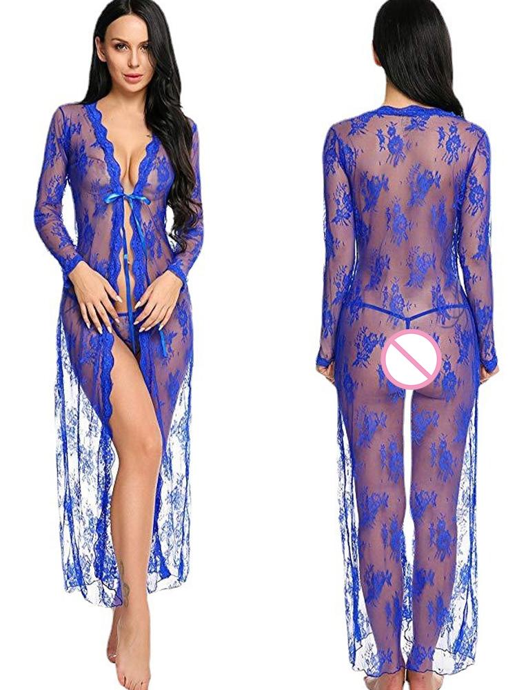 Rochie de Pijama din Dantelă Halat Kimono Femei Lenjerie Sexy Decolteu în V Transparent Îmbrăcăminte de Noapte Babydoll Halat Erotic Costum cu Tanga