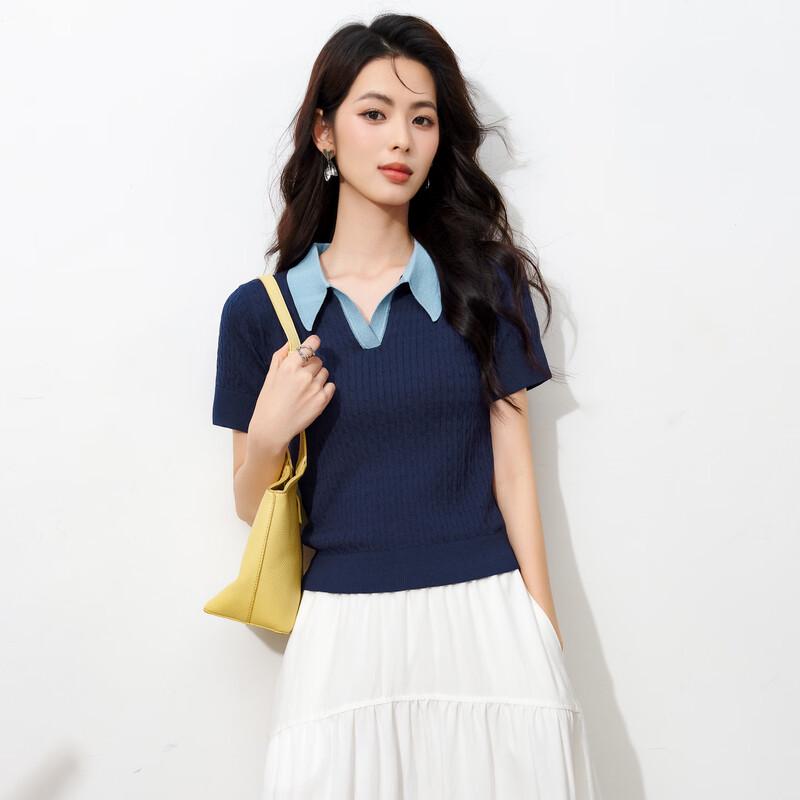 Women s Ice Silk Color Block Twist Knit Lapel Top S