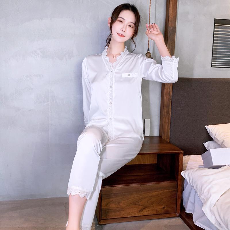 2024 Spring-Fall Ice Silk Couple Pajamas Set: Sexy Women's Long Sleeve & Men's Thin Korean Style Summer Sleepwear.