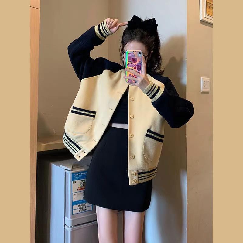 Women's Color Block Varsity Baseball Jacket 2026 Spring Autumn Thin Retro American Oversized Long Sleeve Bomber Coat For Petite Ladies