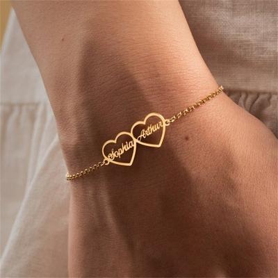 Personalized Double Name Bracelet Anniversary Jewelry Stainless Steel Cute Heart Custom Nameplate Bracelet