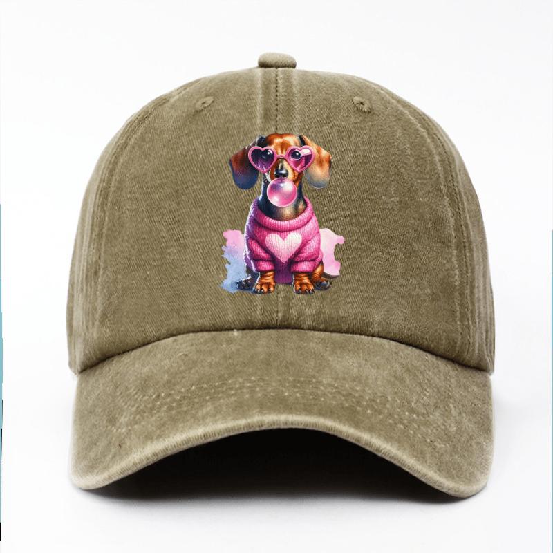Dachshund Dog Bubble Gum Pink Heart Glasses Print Baseball Cap Cotton Adjustable Casual Hat