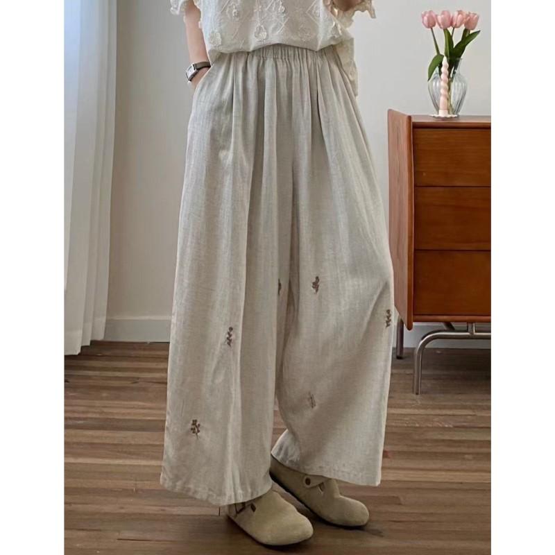 Johnature Japanese Forest Embroidered Wide Leg Pants Women Summer Loose Versatile Straight Cropped Pants