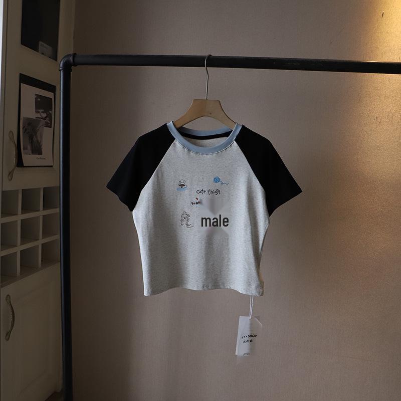 

Летняя женская футболка в корейском стиле 2025 года, цветной блок, мультяшный принт, приталенная, с круглым вырезом One Size серый/бежевый