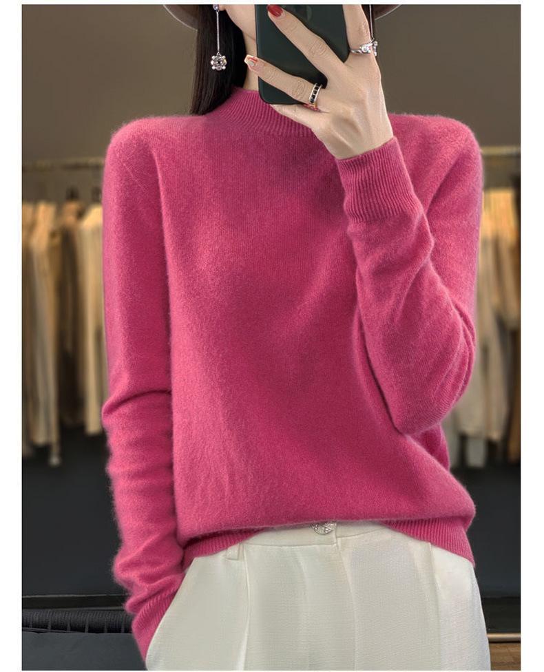 Women's Half-High Neck Wool Sweater Pullover - Loose Fit, Autumn/Winter Knitwear