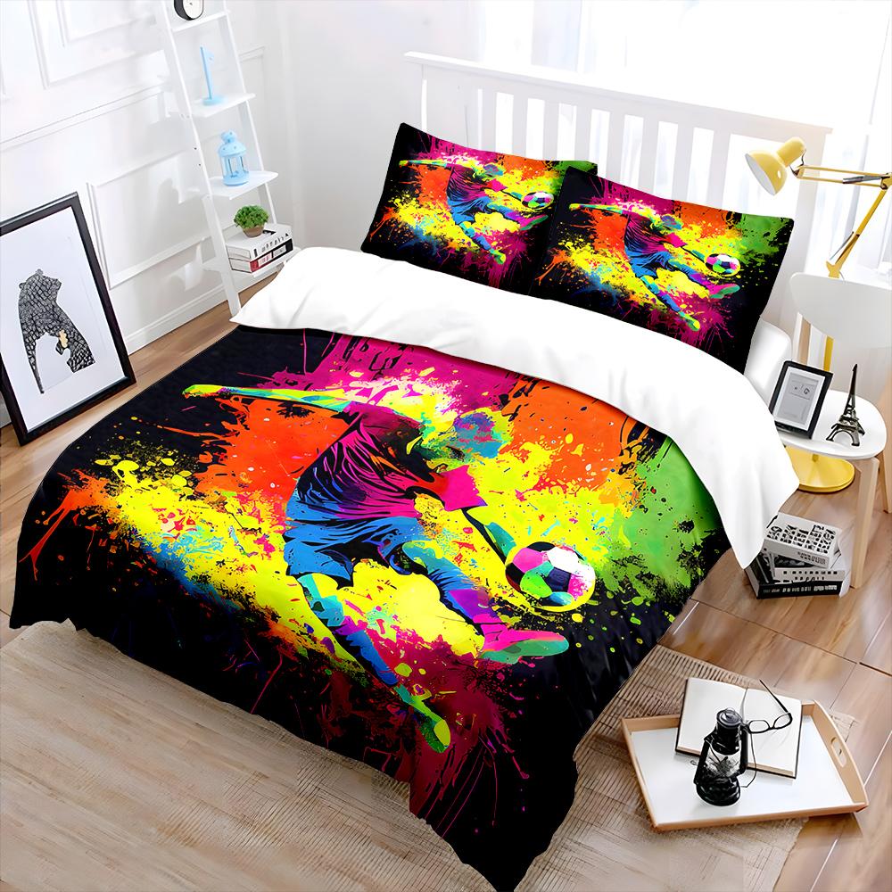Farbspritzer Fußball Kick Art Muster Bettbezug-Set Digitaldruck Polyester Bettwäsche mit Reißverschluss für Kindergeschenke