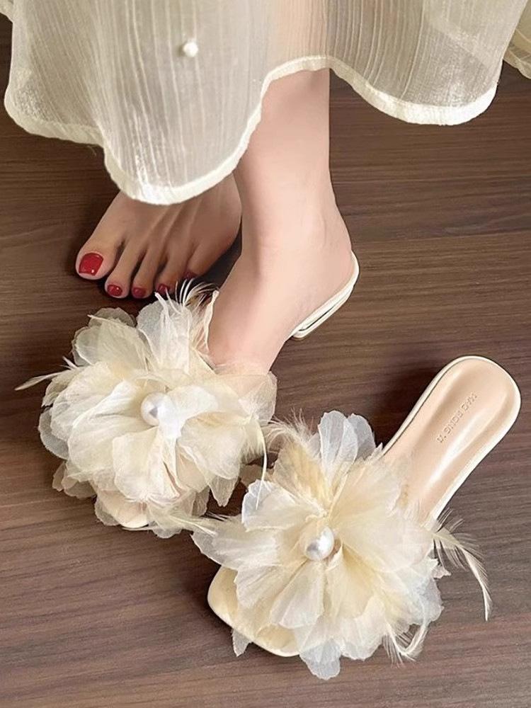 

Французские тапочки с цветком, жемчугом и перьями, крутые, женские, 2025, новая летняя мода, универсальные, на толстом каблуке, на высоком каблуке 41