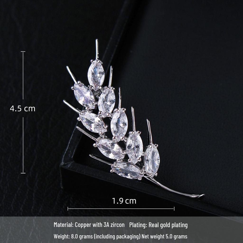 Elegant Gold-Plated Zirconia Wheat Ear Brooch - Unisex High-End Suit Accessory