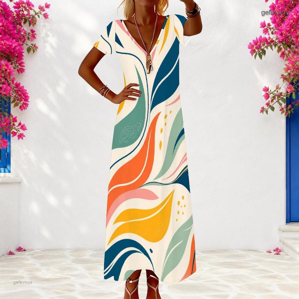 Women Plus Size V Neck Short Sleeve Colorful Printed Long Dress