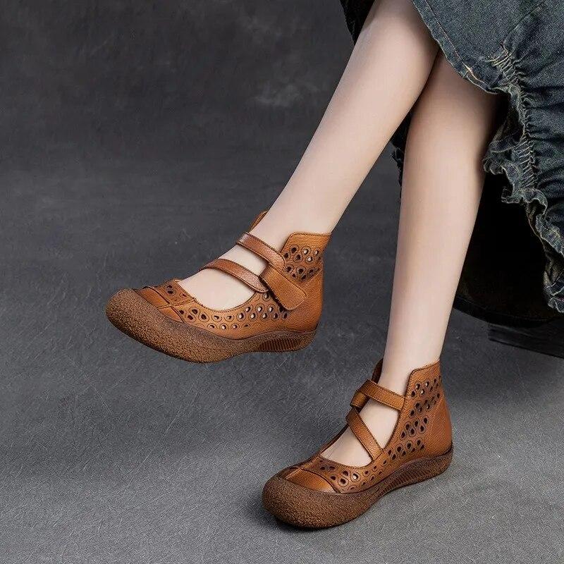 Johnature Hollow Breathable Sandals Genuine Leather Retro Soft Sole Comfortable Versatile Women's Shoes