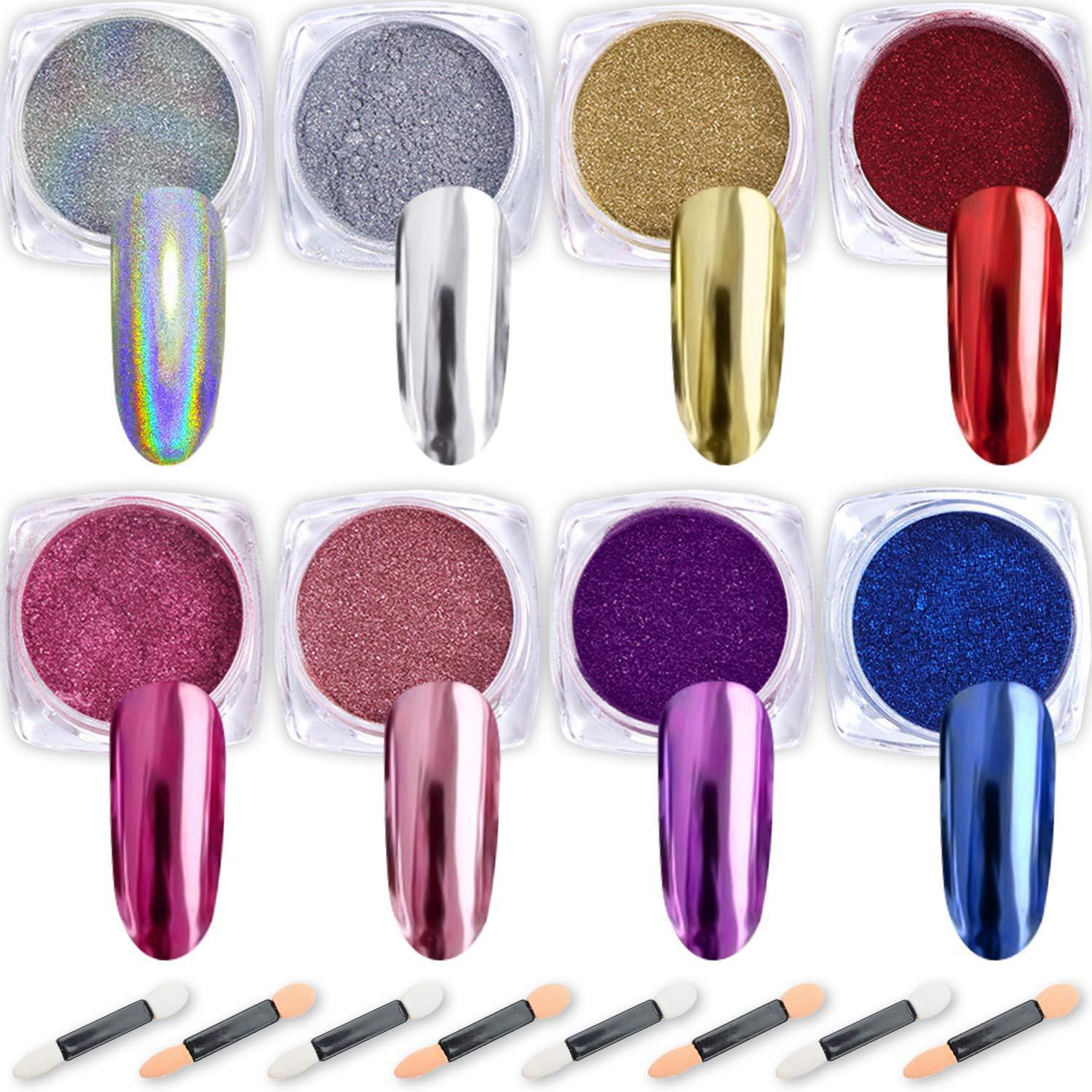 

8-Color Magic Mirror Powder Nail Art Set with 8 Eye Shadow Sticks, 0.5g/Can Mirror Laser Pigment.