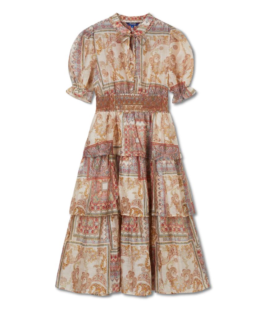 Penfield Short Sleeve Waist Embroidered Smocking Tiered Dress Red_Fs2Ws10F