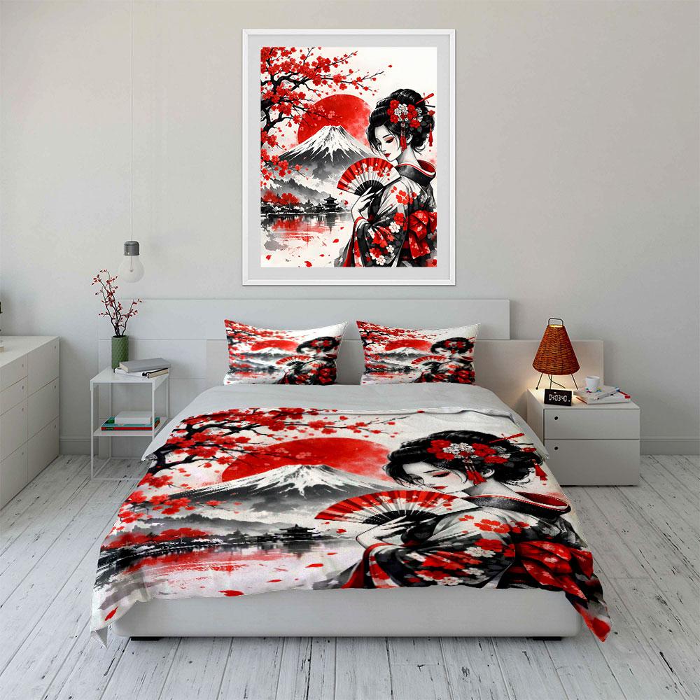 Japanese Geisha with Fan Bedding Duvet Cover Set  (1*Duvet Cover 2*Pillowcases, without duvet insert)