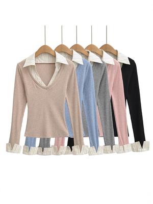 Women's Autumn Striped Patchwork Two-Piece Look Long Sleeve Slim Fit Top