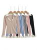 Women's Autumn Striped Patchwork Two-Piece Look Long Sleeve Slim Fit Top