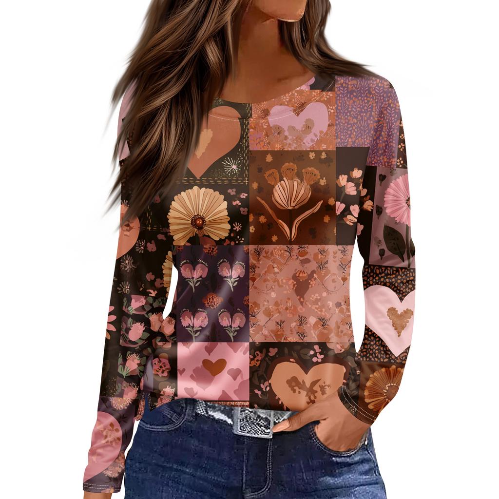 Women's Fashion Hem Slit Casual Retro Floral Print Round Neck Long Sleeve Top