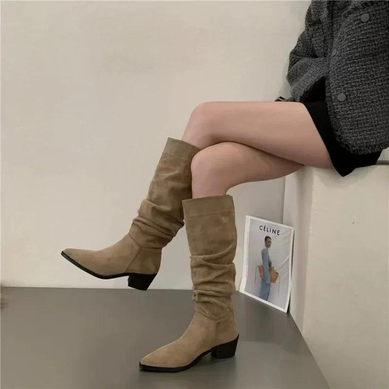 Women Knee High Boots Autumn Winter Female Shoes Fashion Female Slip-on Folds Low Heel Round Toe Flat Long Boots Botas De