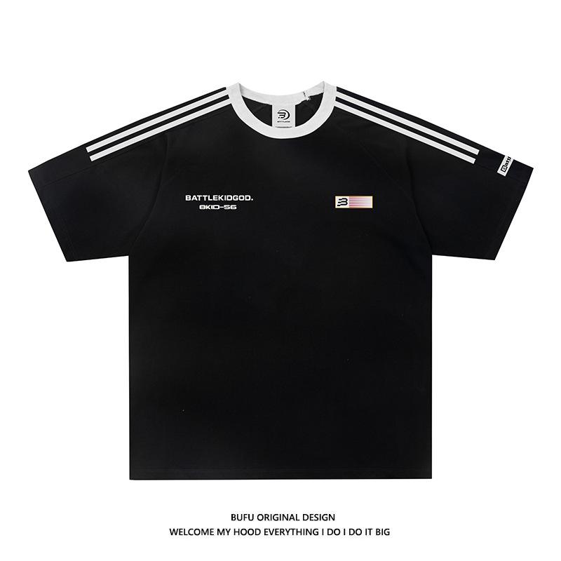 Unisex Summer Street Style Three-Bar Flag Print Short-Sleeve T-Shirt