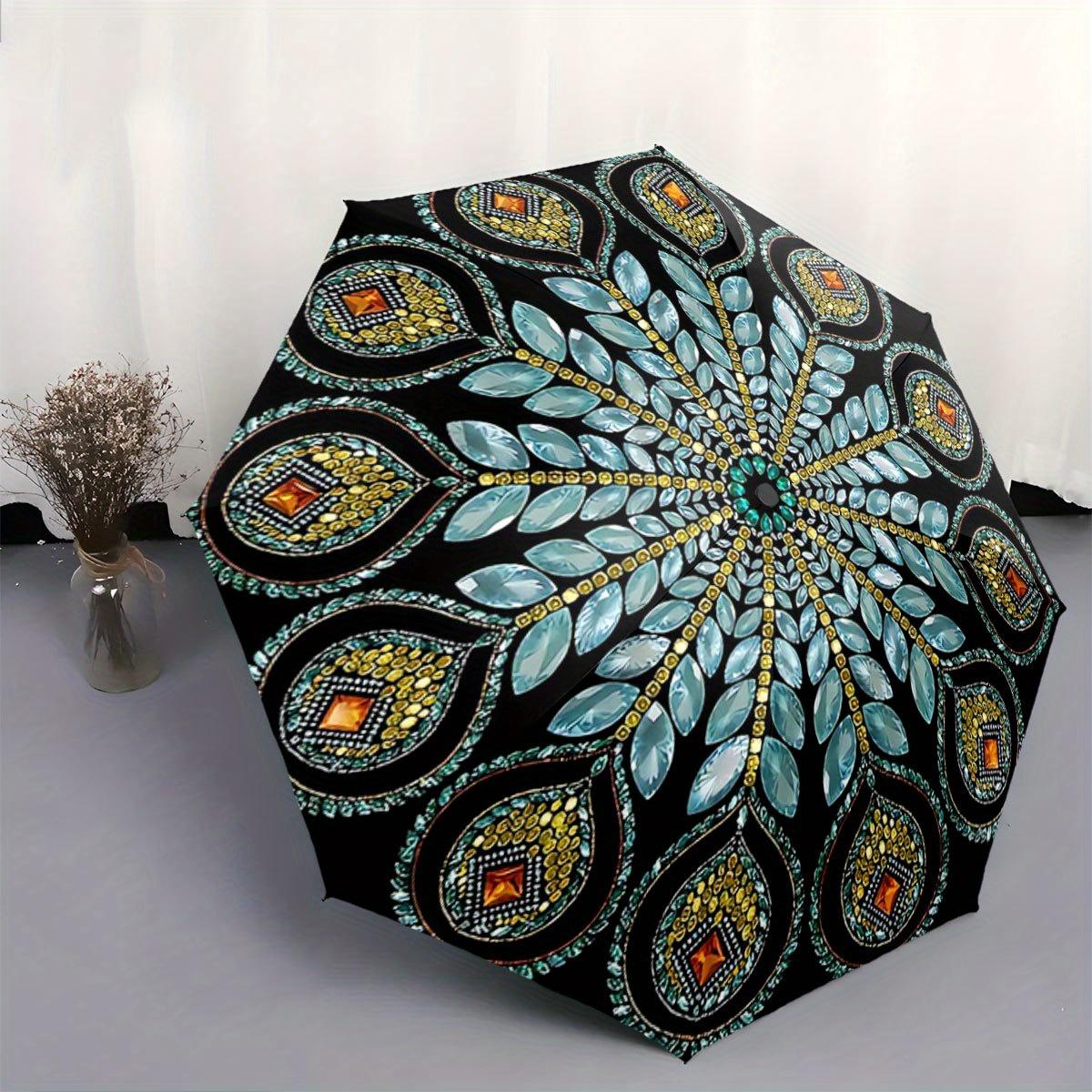 Automatic Folding Umbrella Mosaic-inspired peacock feathers radiating from the center. Portable collapsible design, casual out Iron&8K